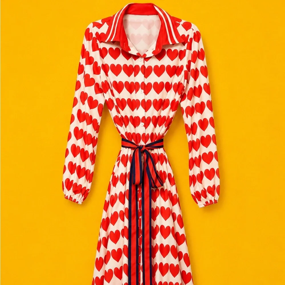 SHEIN Red Heart-Print Midi Dress with Striped Tie Belt